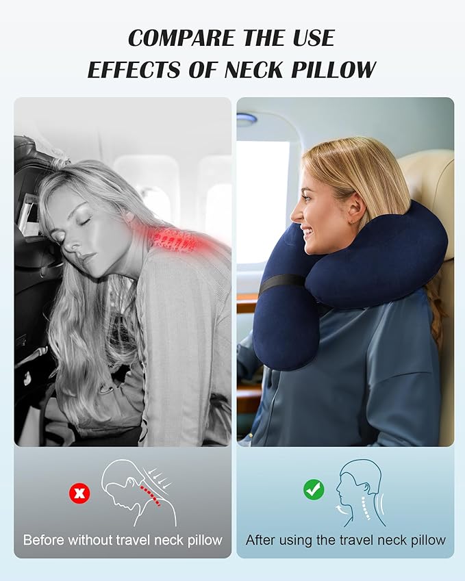 Inflatable Neck Pillow for Travel, Travel Pillow Support Head and Neck, Travel Neck Pillow for Airplane,Train,Car,Office,Home,Washable Cover (Blue)
