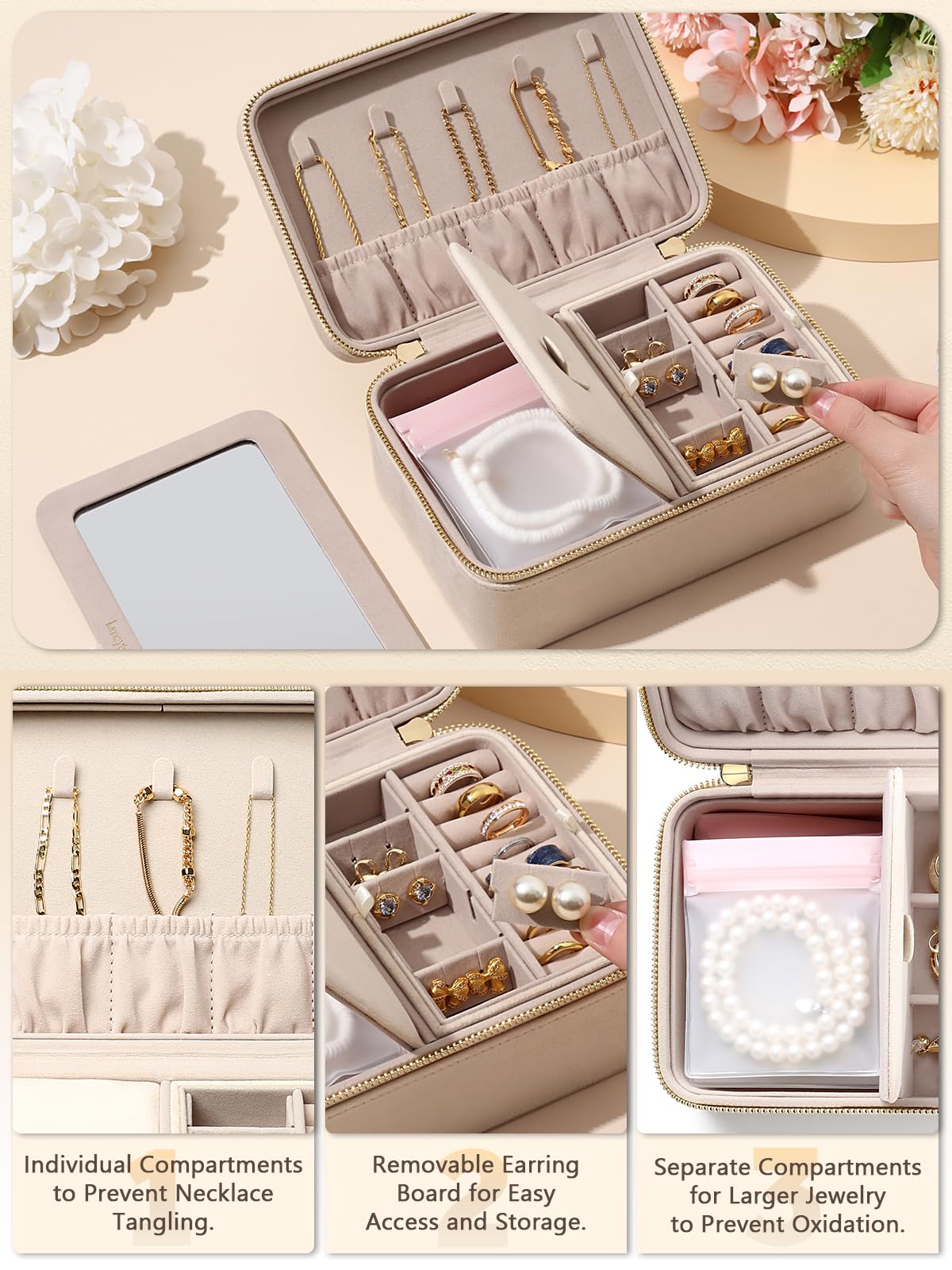 Lumayina Velvet Travel Jewelry Box with Large Mirror, Double-Layer Jewelry Organizer Case for Women and Girls, Portable Storage Case with 6 Anti-Tarnish Bags Gift Ready for Her (Beige)