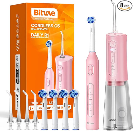Bitvae Water Dental Flosser Teeth Picks, Cordless Water Flosser for Teeth, Braces, Dental Care and Rechargeable Rotary Electric Toothbrush Combo Set, 4 Tips, 4 Brush Heads, Waterproof, Pink, C5+R1