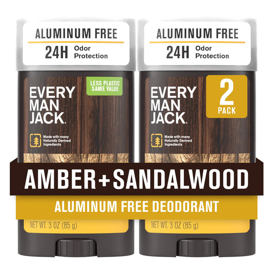 Every Man Jack Amber + Sandalwood Men’s Deodorant - Stay Fresh with Aluminum Free Deodorant For all Skin Types - Odor Crushing, Long Lasting, with Naturally Derived Ingredients - 3oz (2 Pack)