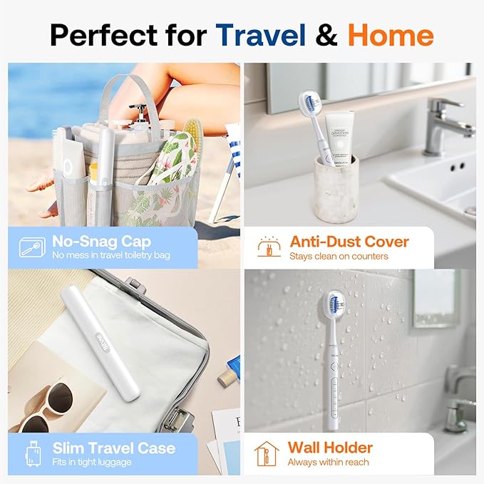Bitvae Ultrasonic Electric Toothbrush for Adults and Kids, ADA Accepted Travel Toothbrush with Rechargeable 60-Day Battery Life, 5 Modes, 8 Heads, Case, Holder, Frost White