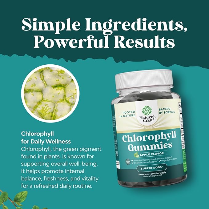 Chlorophyll Gummies for Cleanse & Detox Support - Potent Internal Deodorizer Chloropyll Supplements for Body Odor Healthy Skin Immunity & Digestive Support - Vegan Non-GMO & Gluten Free - 30 Days