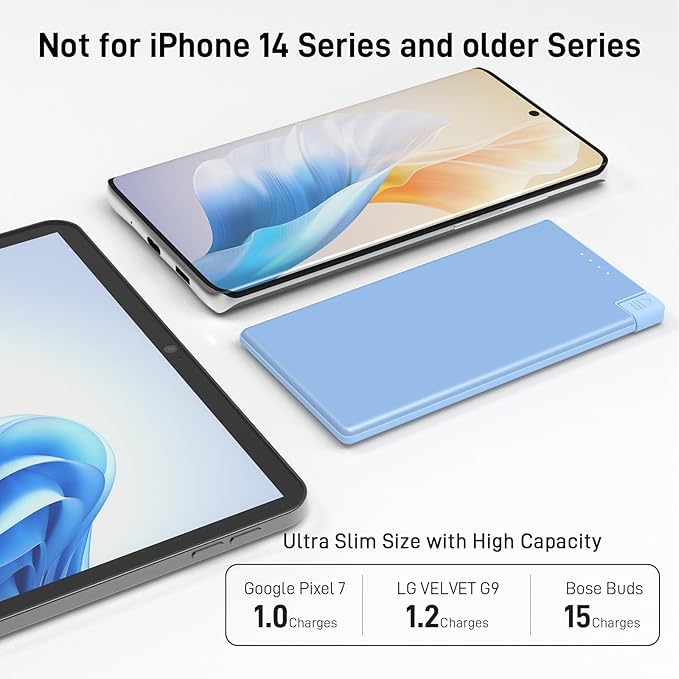 Auskang USB-C Portable Charger with Built in Cable-5000mAh Slim Power Bank Compatible with iPhone16 15 Series/Samsung/Google Pixel/Android Phones etc/Thin Battery Pack for Travel