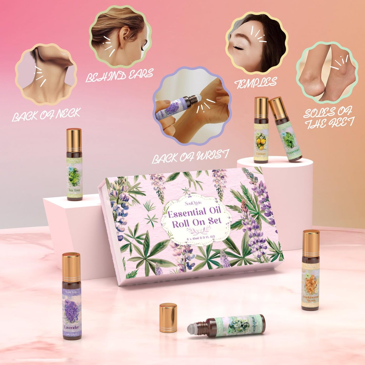 SoulOrigin Essential Oil Roll On Set, Natural Aromatherapy Oils with Portable Roller Ball for Skin Care- Tea Tree, Frankincense & Myrrh, Lavender, Peppermint, Eucalyptus, Lemon - Gifts for Women & Men