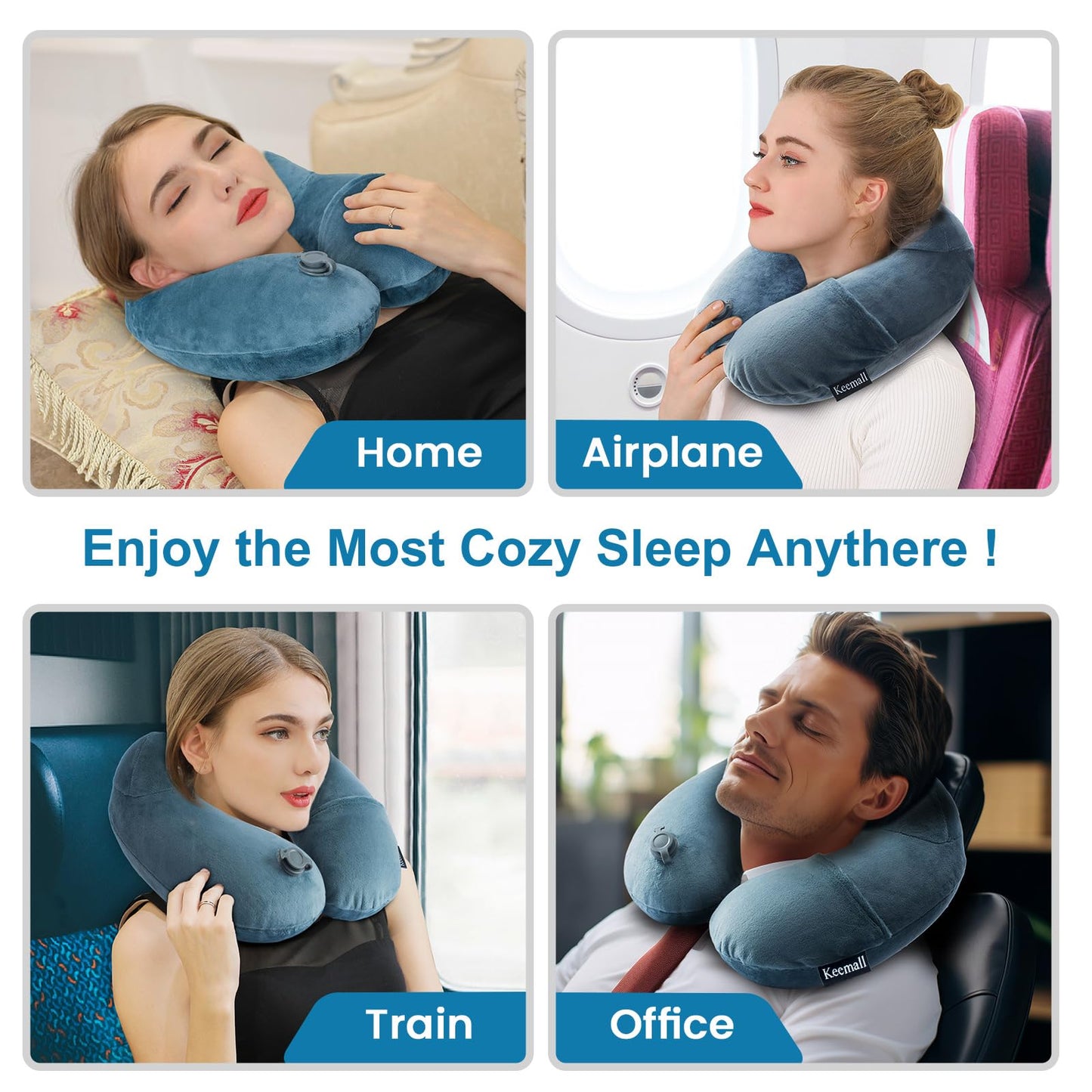 Keemall Inflatable Travel Neck Pillow for Airplane Sleeping Blow Up Neck Support Air Pillow Traveling on Plane Long Flights Washable