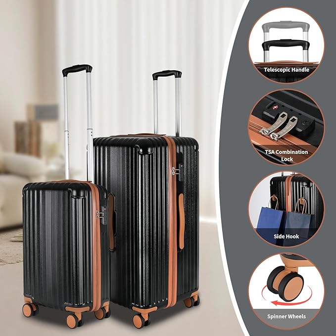 Carry-on 20 Inch and 28 Inch Square Thickened ABS+PC Hard Shell luggage, 2-Piece Suitcase Set with TSA Lock & Dual Zipper Mesh Inner Layer Design, Black Brown