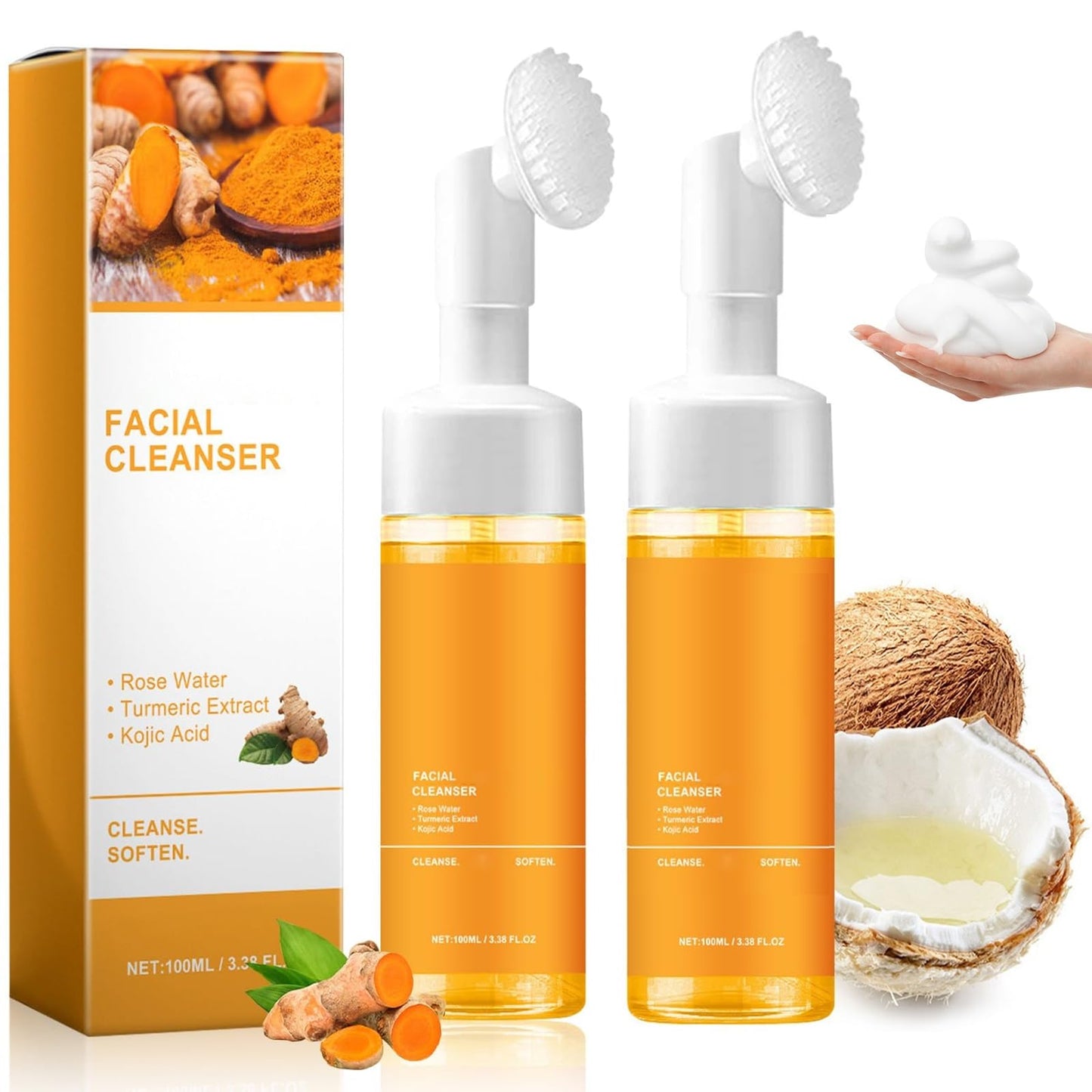 Axnzp 2 Pcs Turmeric Face Wash With Brush, Deep Cleansing Exfoliating Glow Wash Turmeric Facial Cleanser. ﻿