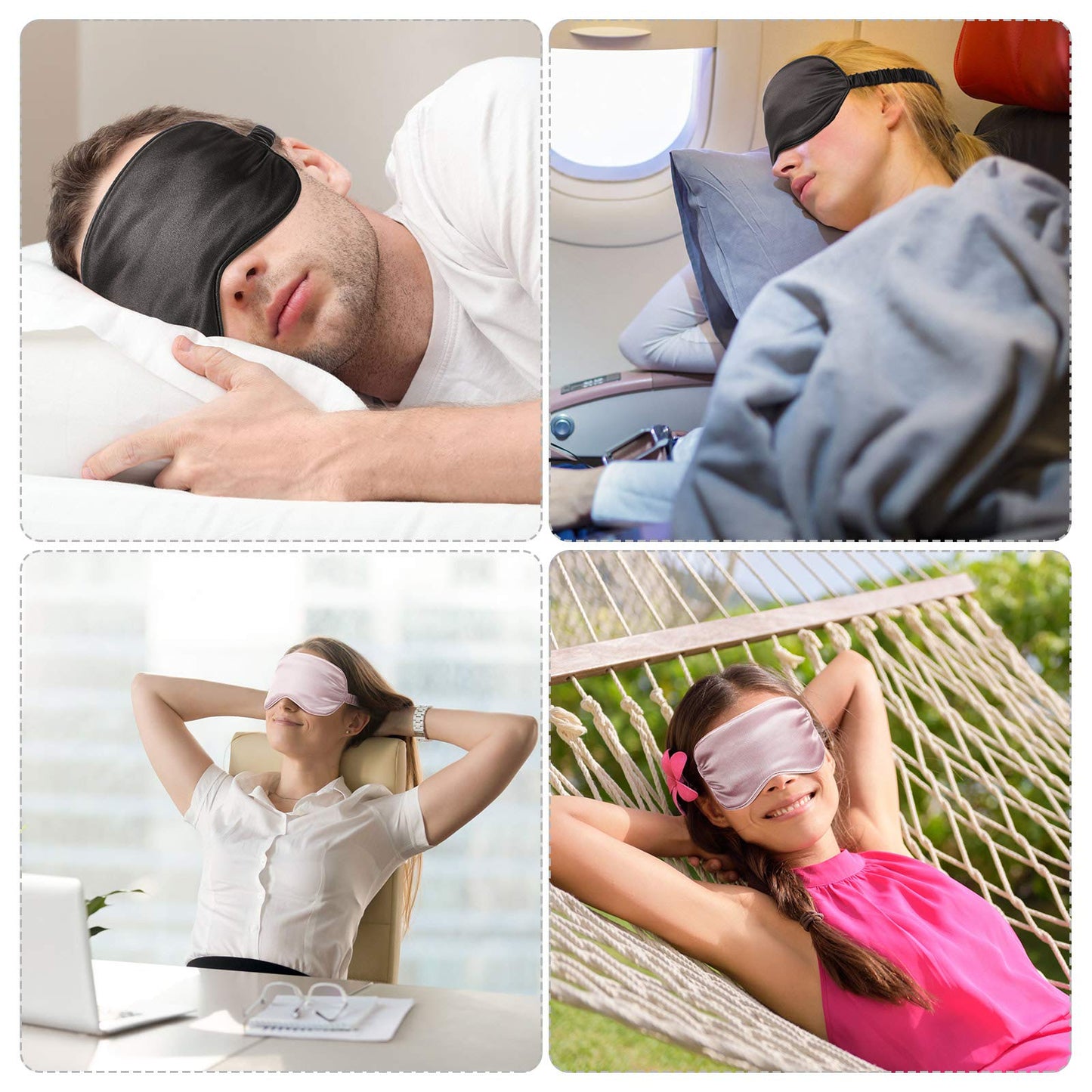 Silk Satin Sleeping Mask Eye Mask Set Include 2 Blindfold Eyeshade Elastic Strap Double Layer Silk Filling Eye Cover 2 Ear Plugs 2 Storage Bags for Women and Men Sleep Travel Nap (Black, Taro Purple)