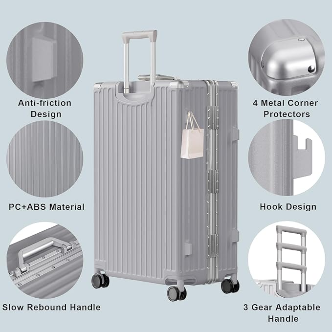AnyZip Carry On Luggage PC+ABS Aluminum Frame Zipperless Luggage Hard Shell Suitcase with TSA Lock Double Spinner Wheels 20 Inch Silver