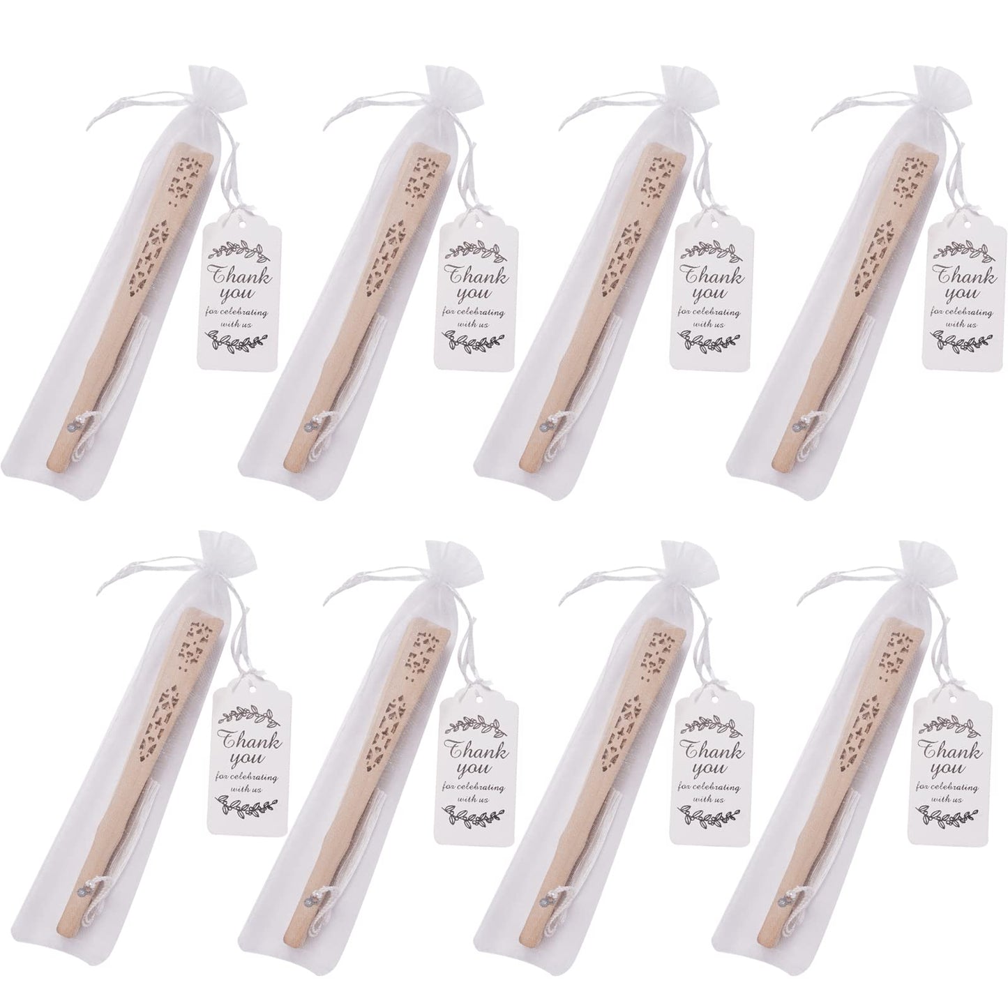 SL crafts 50 Sets Wooden Hand Fan Wood Handheld Folding Fans with Organza Bags and Thank You Tag and Tassels Wedding Party Favors