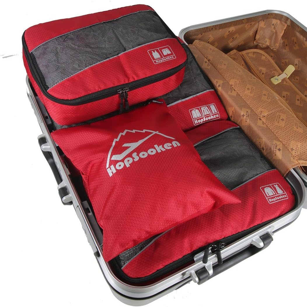 Hopsooken 5 Set Packing Cubes for Travel Large Suitcase Luggage Organizer Bags Travel Accessories Vacation 4 Cubes 1 Laundry Pouch Bag(Red)