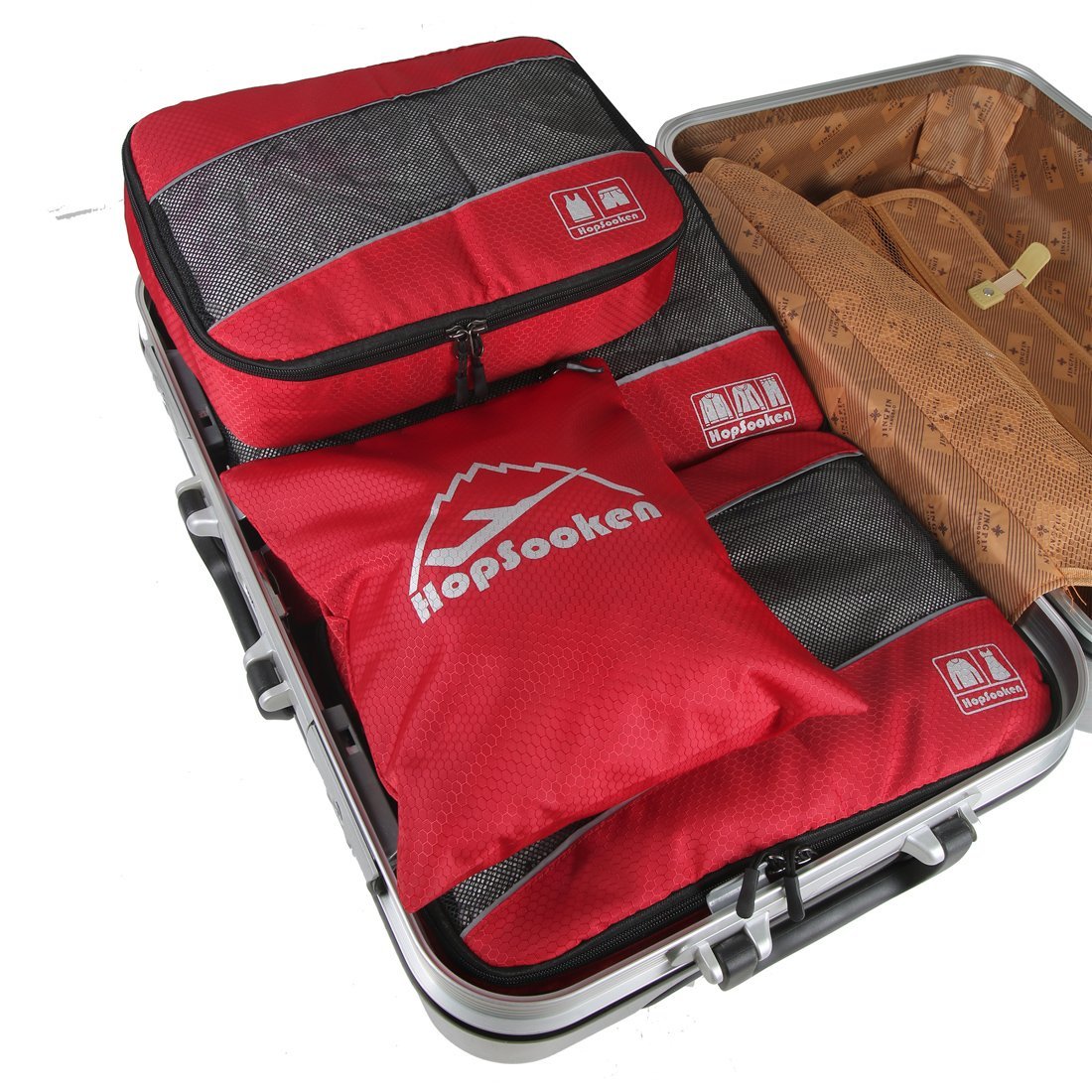 Hopsooken 5 Set Packing Cubes for Travel Large Suitcase Luggage Organizer Bags Travel Accessories Vacation 4 Cubes 1 Laundry Pouch Bag(Red)