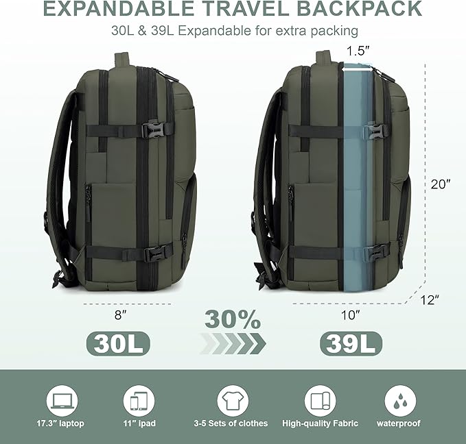 Carry On Travel Backpack, 35L-40L Expandable Extra Large Airline Approved,Lightweight Daypack for Men and Women