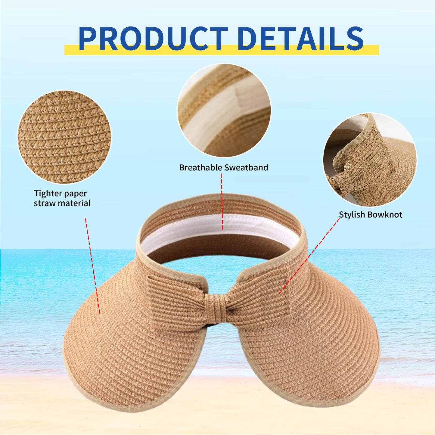 Hzcigav Ultimate UV Protection UPF Women’s Sun Visor Hat - Wide Brim, Lightweight, Breathable, Roll-Up, Foldable, Packable, Adjustable, Straw Sun Hat UPF 50+, Stylish Beach Accessory for Women