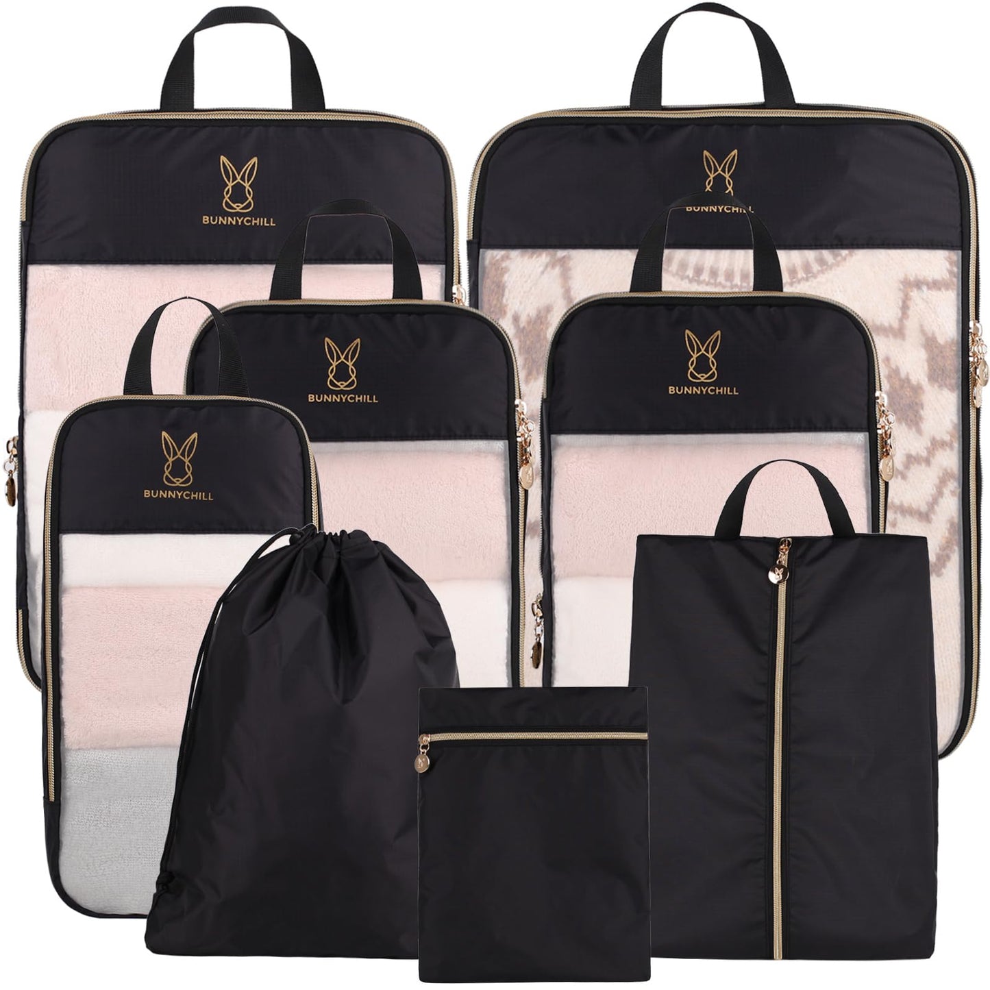 See Through Expandable Compression Packing Cubes, Mesh Travel Packing Cubes for Suitcases, Lightweight Organizers Bag Set for Travel Essentials for Luggage(Black,8 Set)