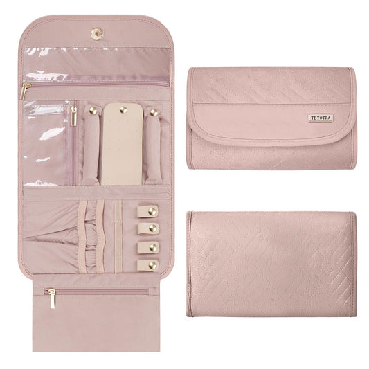 TBTOTRA Travel Jewelry Organizer Box, Foldable Travel Case for Earrings, Necklaces, Rings, Bracelets, Pink