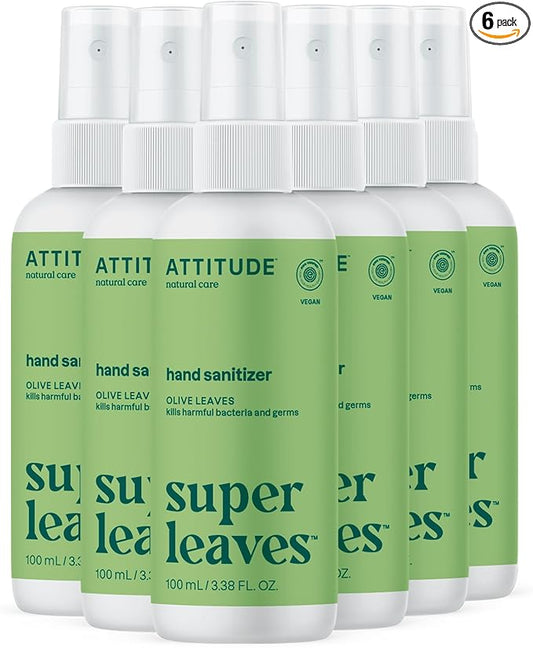 ATTITUDE Hand Sanitizer Spray for Adults and Kids, EWG Verified, Kills Bacteria and Germs, Vegan, Olive Leaves, 3.38 Fl Oz (Spray Bottle) (Pack of 6)