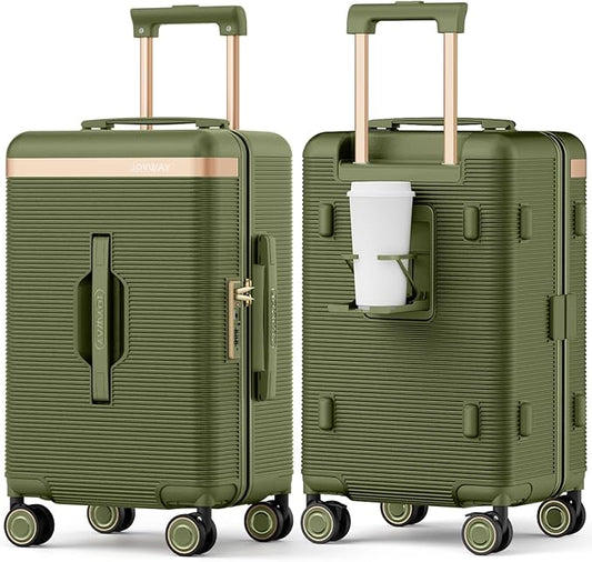Joyway 22 Inch Carry on Luggage with Cup Holder, Hard Shell Carry-on Suitcases with Shock Absorbing Spinner Wheels, Lightweight Luggage with TSA Lock for Women Men, Green