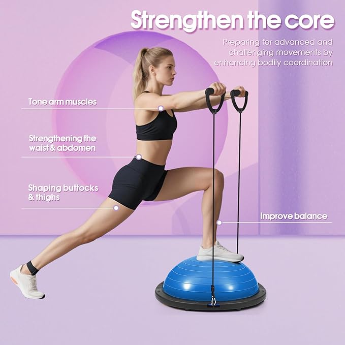 Balance Ball Trainer, 26 inch Half Exercise Ball with Resistance Bands, Home Gym Full Body Workout Equipment, Blue