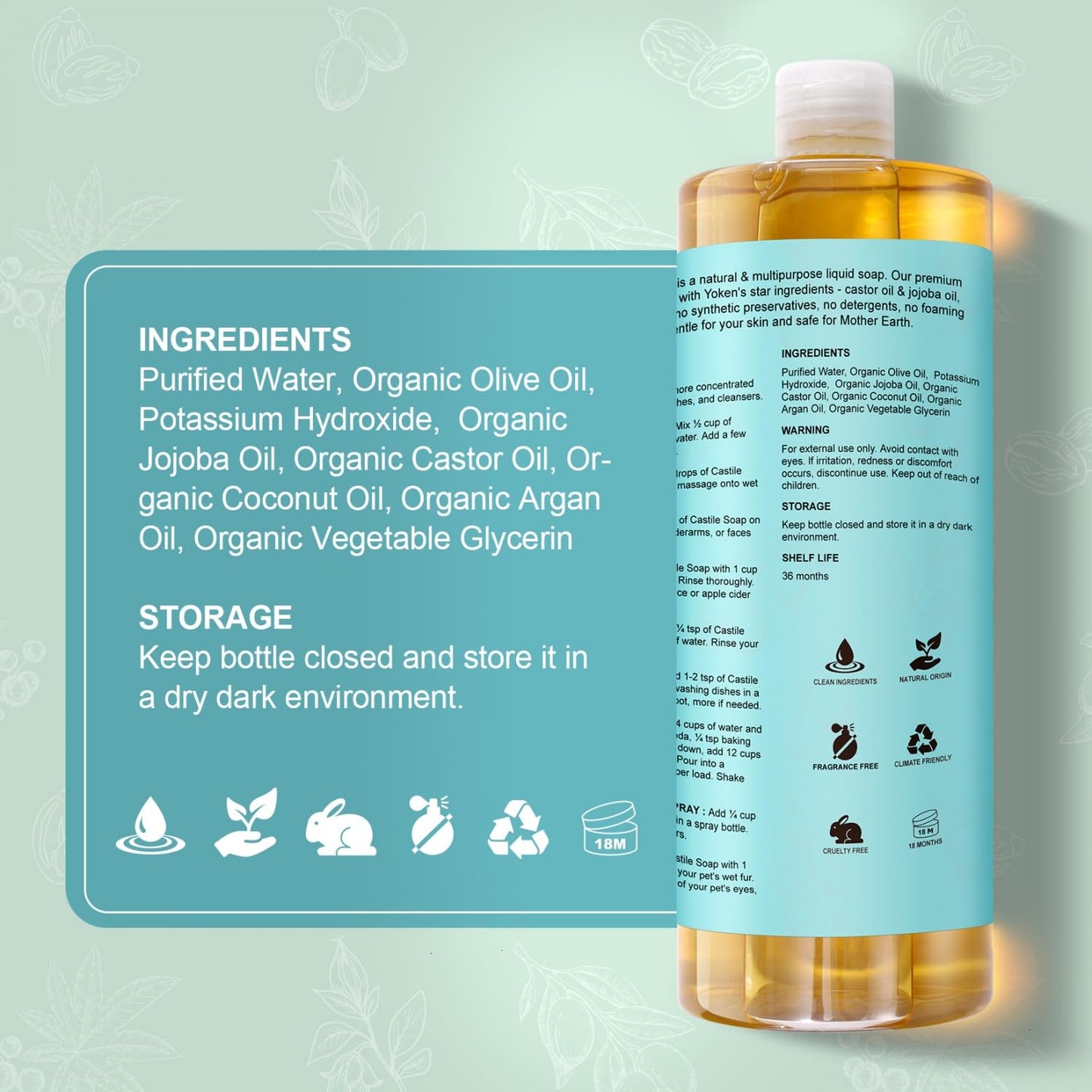 Yoken EWG Verified Castile Soap Liquid Unscented 33.8 fl oz Pure Castile Liquid Cleanser Made With Organic Oil, Clean & Gentle, Natural Castor Oil Soap for Body Wash, Hand, Dishes, Laundry