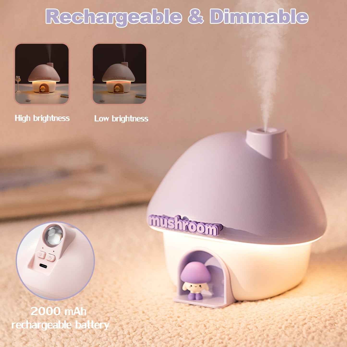 Humidifier for Bedroom, 300ML Cute Mushroom Humidifier with Night Light & 6 Colors Sunset Lamp Projection, Rechargeable Cool Mist Small Humidifier, Mini Humidifier Gifts for Kids Boys Girls (Purple)