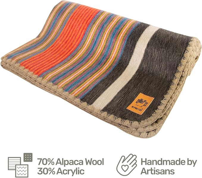 ALPAKITAS Alpaca Wool Blanket Throw | Large, Beautiful, Warm, Stripes | 64 x 45 inches | Ultra-Soft, Hypoallergenic and Breathable | Non-Itchy or Scratchy (Orange and Blue)