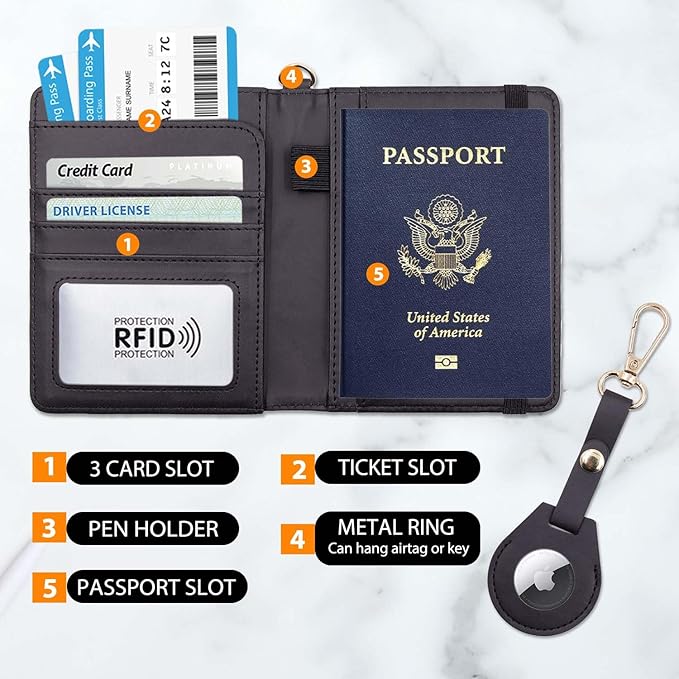 Cnycmy Passport Holder with Airtag,Passport-Wallet-Holder for Women, RFID Passport Holder with Slot Waterproof, PU Leather Travel Passport Case (black1)