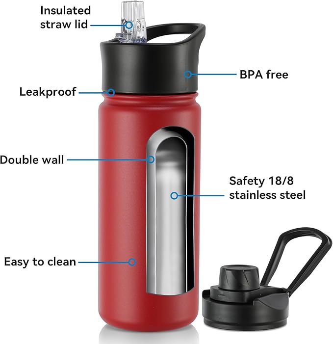 16 oz Insulated Water Bottle with Straw Lids, Stainless Steel Kids Water Bottles for School, Double Wall Vacuum Metal Water Bottle with Straw & Wide Mouth Lid, Red 1 Pack