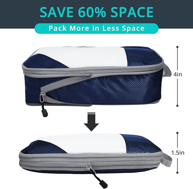 7 Set Compression Packing Cubes for Travel - Compressible, Lightweight, and Space-Saving Packing Cubes, Travel Essentials for Women, Navy
