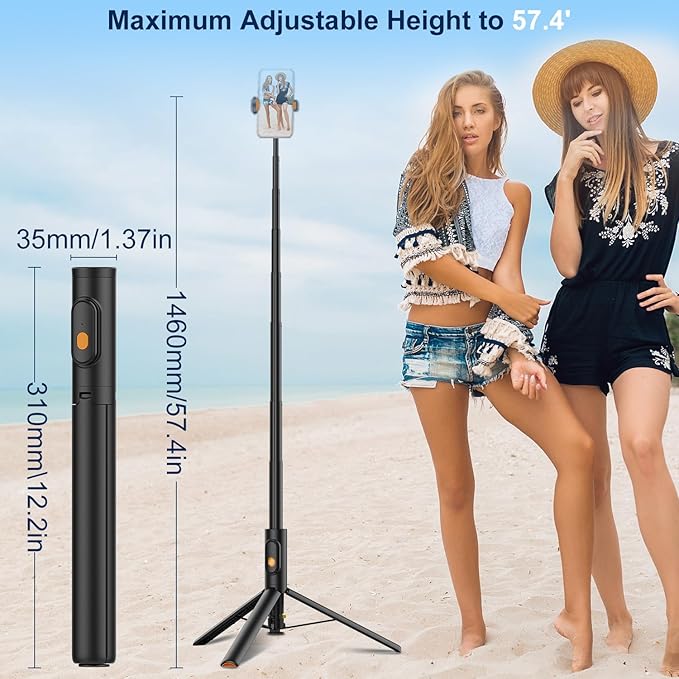 57" Automatic Phone Tripod, Extendable Selfie Stick for iPhone, Portable Cell Phone Stand Mount Holder with Remote Control for Selfie Stick TIK Tok Travel Vlog Live Broadcast Video Recording Black