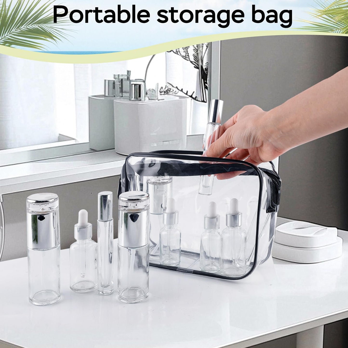 KOUWICH 34 Piece Glass Travel Bottles for Toiletries TSA Approved Mini Makeup Containers with Toiletry Bag Refillable BPA Free Skincare Container Leak Proof for Serums, Moisturizers, Toners, Cream