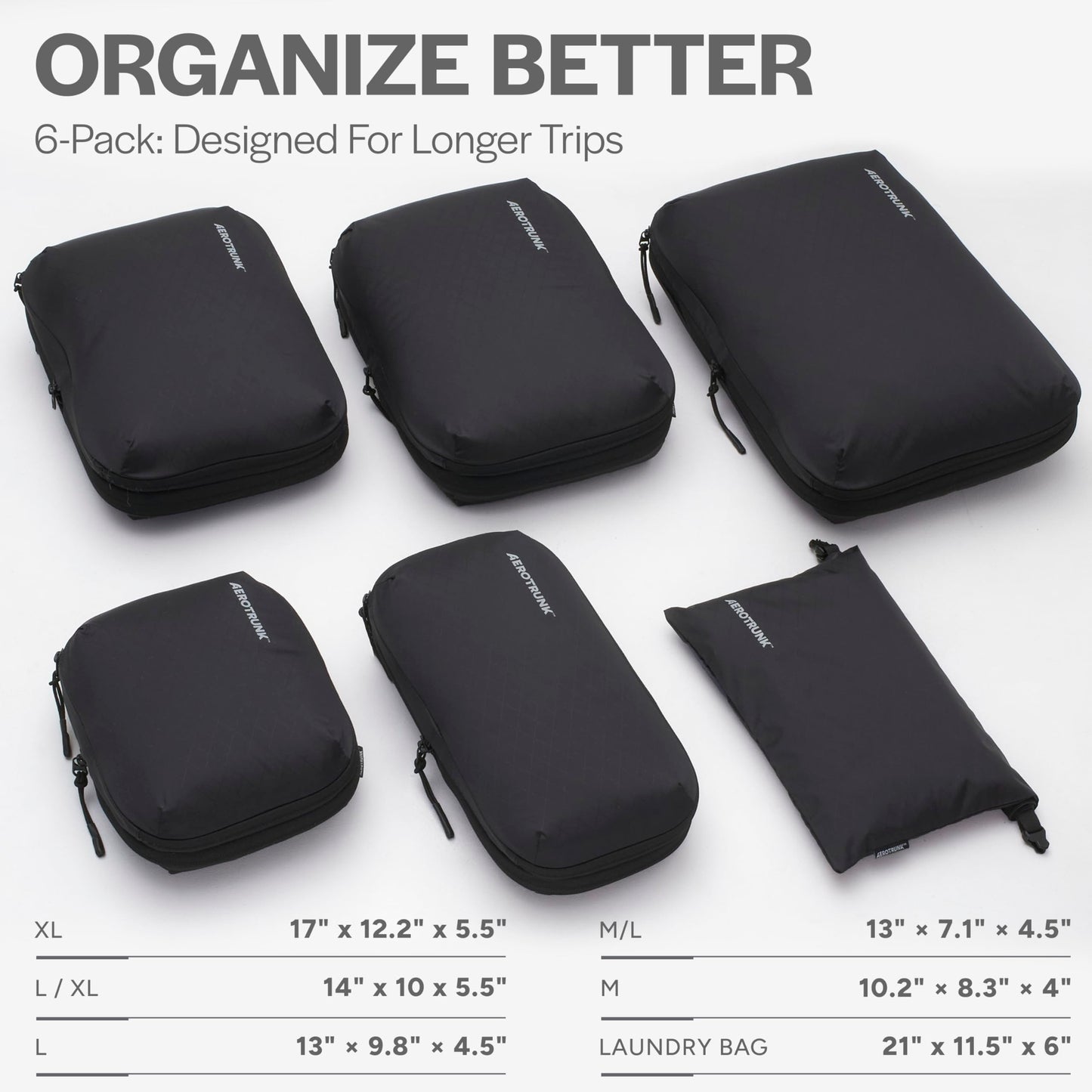 Aerotrunk Ultralight Compression Packing Cubes - Lightweight Travel Organizers for Suitcases and Luggage (6-Pack, Black)
