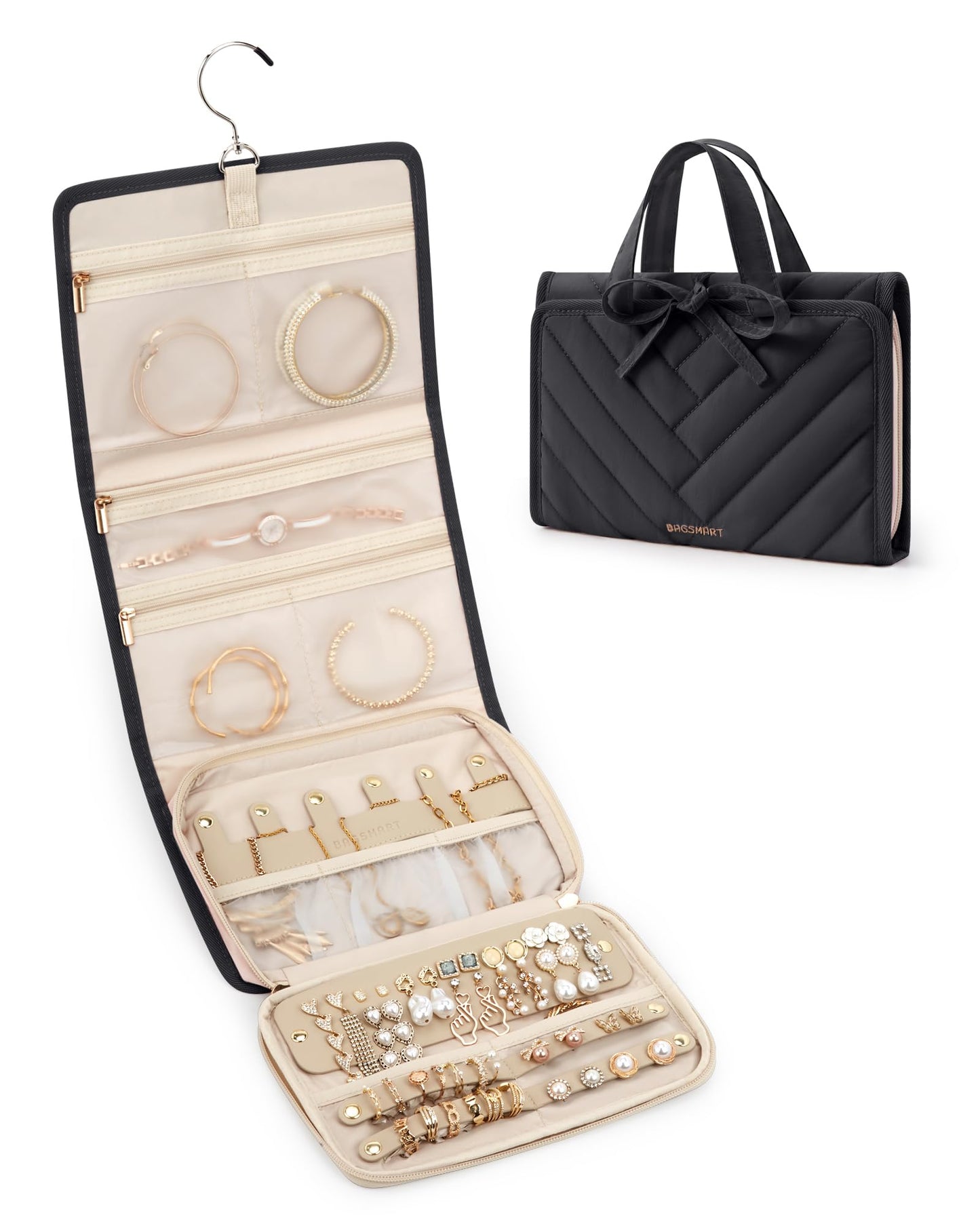 BAGSMART Travel Jewelry Case Organizer, Large Capacity Foldable Jewelry Roll for Journey - Rings, Necklaces, Earrings, Bracelets, Fashion Black