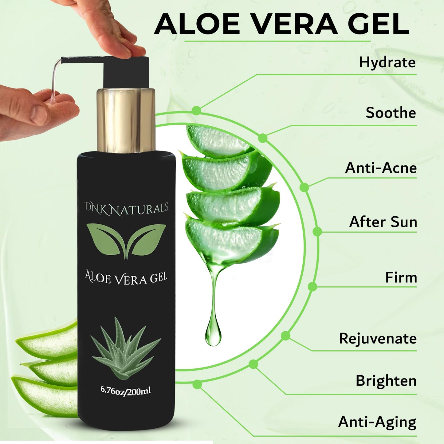 DNK Naturals Aloe Vera Gel made from fresh 100% Pure Aloe - Sunburn Relief - Calms Irritated Skin - Hydrates - With Niacinamide - For Face, Body, and Hair - Vegan, No Fragrance - 200ml