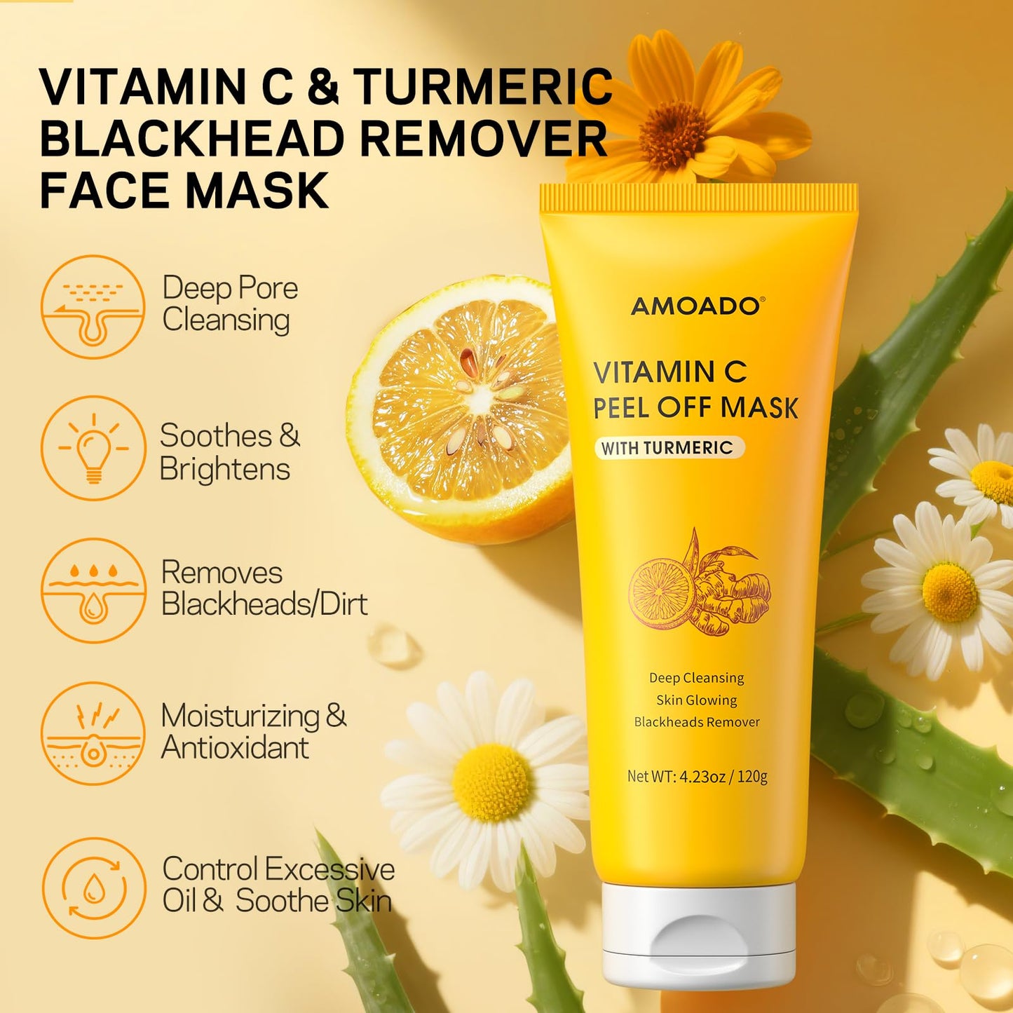 AMOADO Blackhead Remover Mask, Peel Off Face Mask with Vitamin C & Turmeric for Men and Women–Deep Cleansing Nose Facial Mask for Blackheads, Pores & Oil Control with Pimple Extractor and Brush