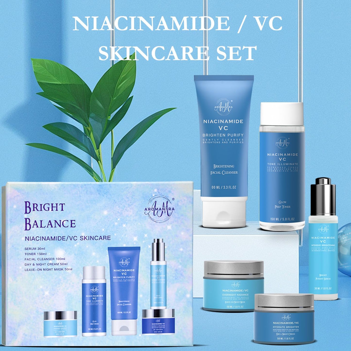 Skin Care Kit for Women, Hydrating Skincare Set Niacinamide+Vitamin C, Daily Routine 5 In 1 W/Facial Cleanser, Toner, Serum, Cream, and Mask, Fragrance-Free, Suit for All Skin Type