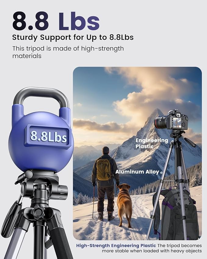 74"-Camera-Tripod, Professional Aluminum Tripod/Leg Stand Mirrorless Camera/DSLR/Cell Phone/Camcorder/GoPro, with Phone Holder and Travel Bag (Gunmetal Gray) Weight 2.8 lbs Load 8.8 lbs