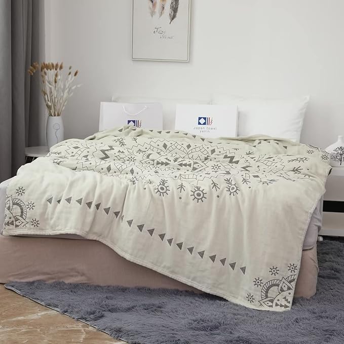 Boho Throw Blanket for Bed 100% Cotton Ultra Soft Rustic Quilt Fall Blanket Geometric Mandela Printed Farmhouse Decor Bed Blankets,60"×80" All Season Rustic Throw for Sofa Couch Chair