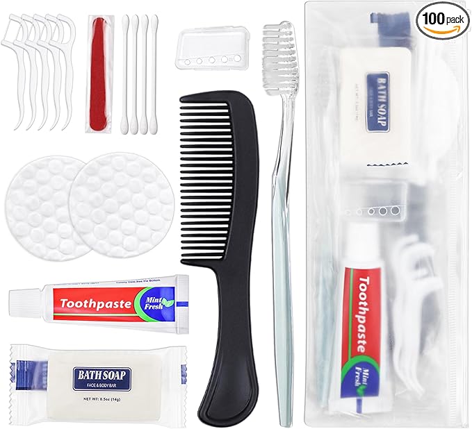 100 Sets Personal Hygiene Kit Bulk, Disposable Toothbrushes With Toothpaste, Floss, Comb, Soap Cover and Vanity Kit - Toiletry Supplies for Women, Men, Travel, Homeless