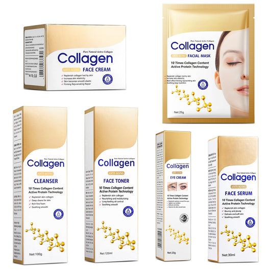 Collagen Skin Care Set, Anti Aging Skincare Set for Reduce Wrinkles, Shrink Pores, Smooth Fine Lines, Hydrating, 4 Pcs Travel Skincare Kits for Women with Cleanser, Serum, Cream, Eye Cream.