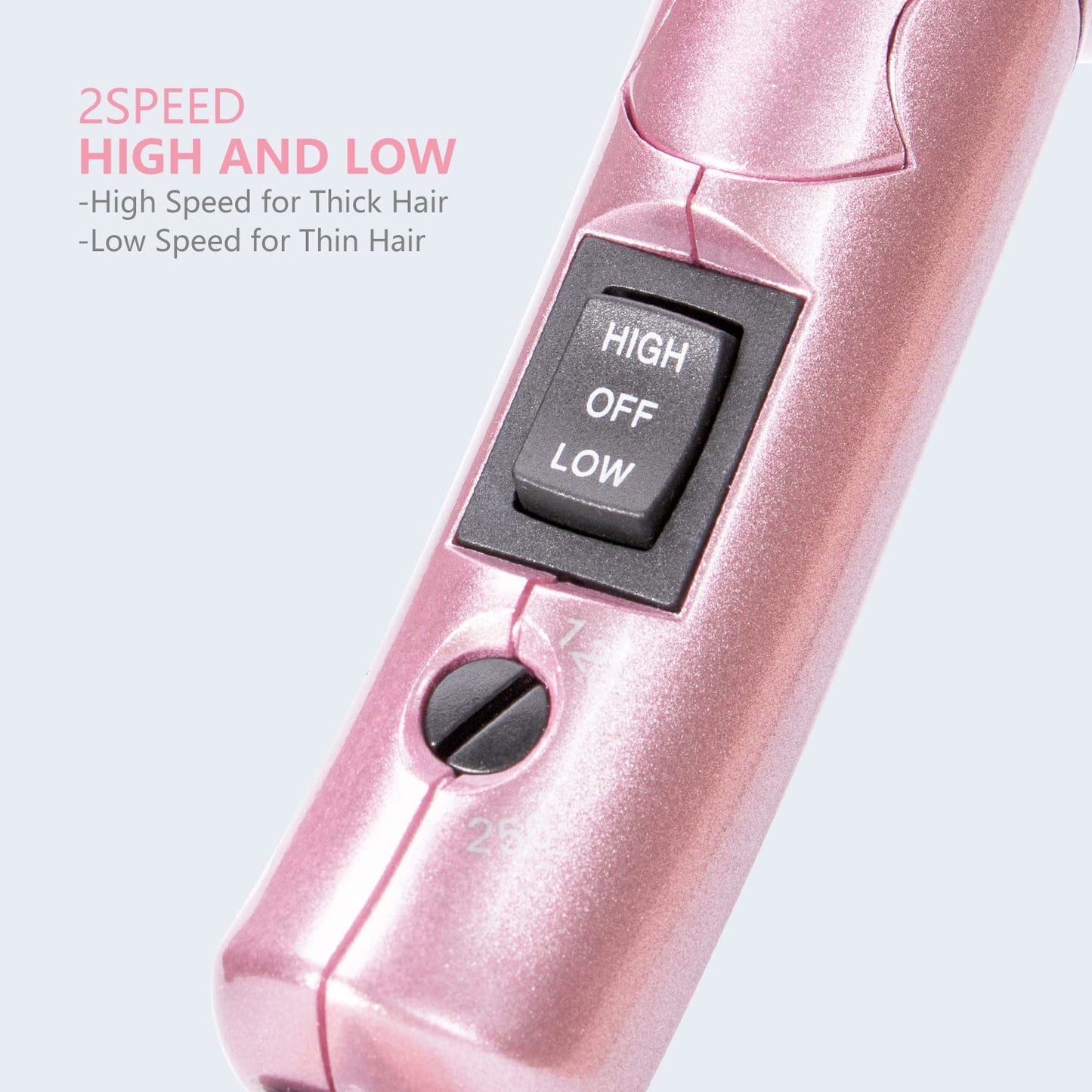 DAN Technology Travel Hair Dryer,Dual Voltage HairDryer,Mini Blow Dryer with Concentrator,Small Hair Dryer with Diffuser,European hairdryer with European Plug,Pink Blow Dryer for Women