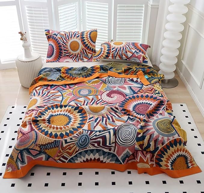 Boho Throw Blanket King Size for Bed,100% Cotton Soft Cozy Rustic Quilt 90"x98" Muslin Fall Throw Blanket Bed Bedspread Blanket for Home Decor Picnic Sofa Chair Blankets Best Gifts