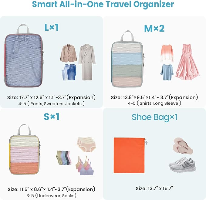 Cambond Compression Packing Cubes for Travel - 5 Set Multi-color See Through Mesh Compression Cubes for Travel Essentials, Space Saving Luggage Packing Organizers Bags for Carry on Suitcases