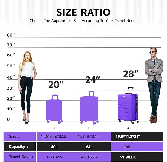 AnyZip Luggage PC ABS Hardside Lightweight Suitcase with 4 Universal Wheels TSA Lock Checked-Large 28 Inch Violet Purple