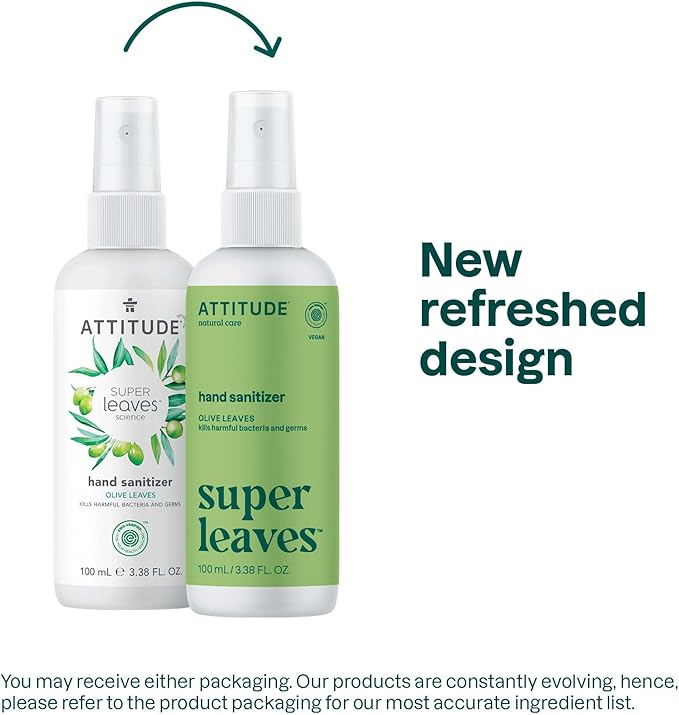 ATTITUDE Hand Sanitizer Spray, EWG Verified, Kills Germs & Bacteria, Vegan & Plant-Based, Safe for Adults & Kids, Olive Leaves Scent, 3.38 Fl Oz (Spray Bottle)