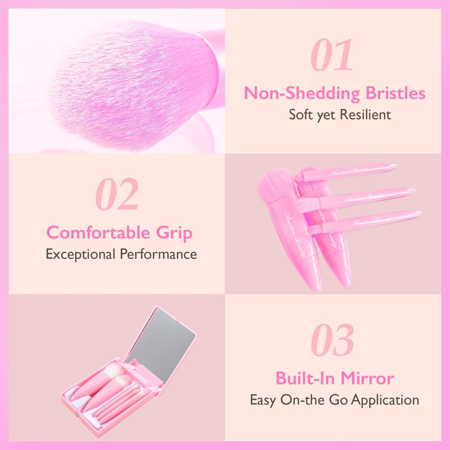 Anactoro Travel Makeup Brushes Set, Easy Taken 5pcs Mini Makeup Brushes Kit with mirror, ON-THE-GO, Makeup Set for Beauty Blender, Get Glam On-the-Go! Pink