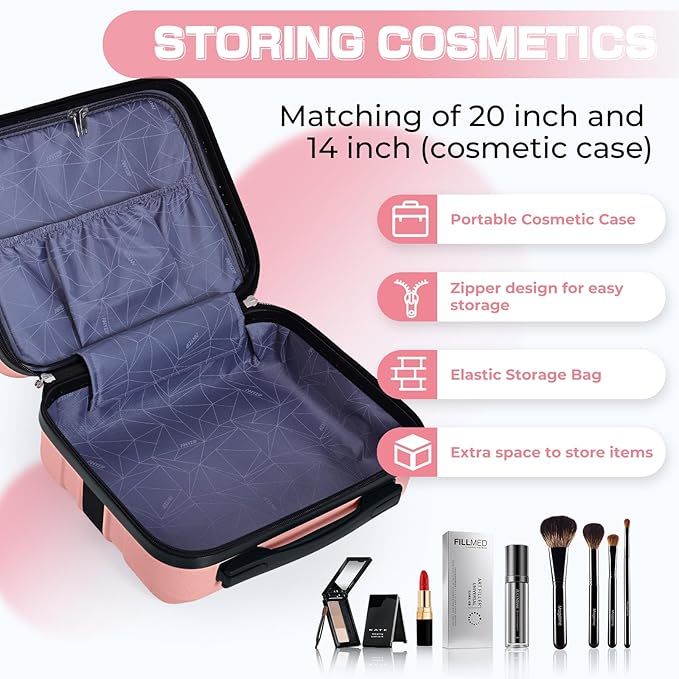 AnyZip Carry On Luggage 2PCS Luggage Set PC ABS Hardshell Lightweight Suitcase TSA Lock with 4 Spinner Wheels（14/20, Pink）