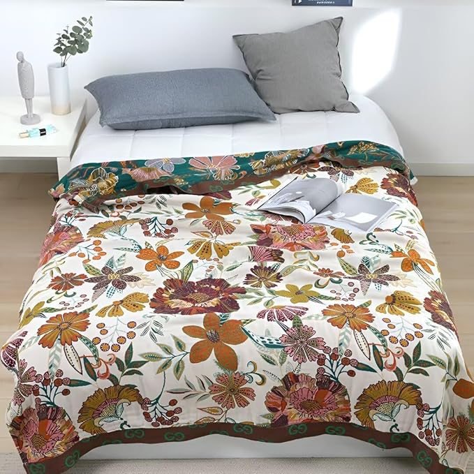 100% Cotton Bed Throw Blankets 60"x80", Versatile Boho Blankets for All Season,Sofa Couch Beding Living Throw Blanket Soft Cozy Farmhouse Muslin Blankte Best Gifts for Women