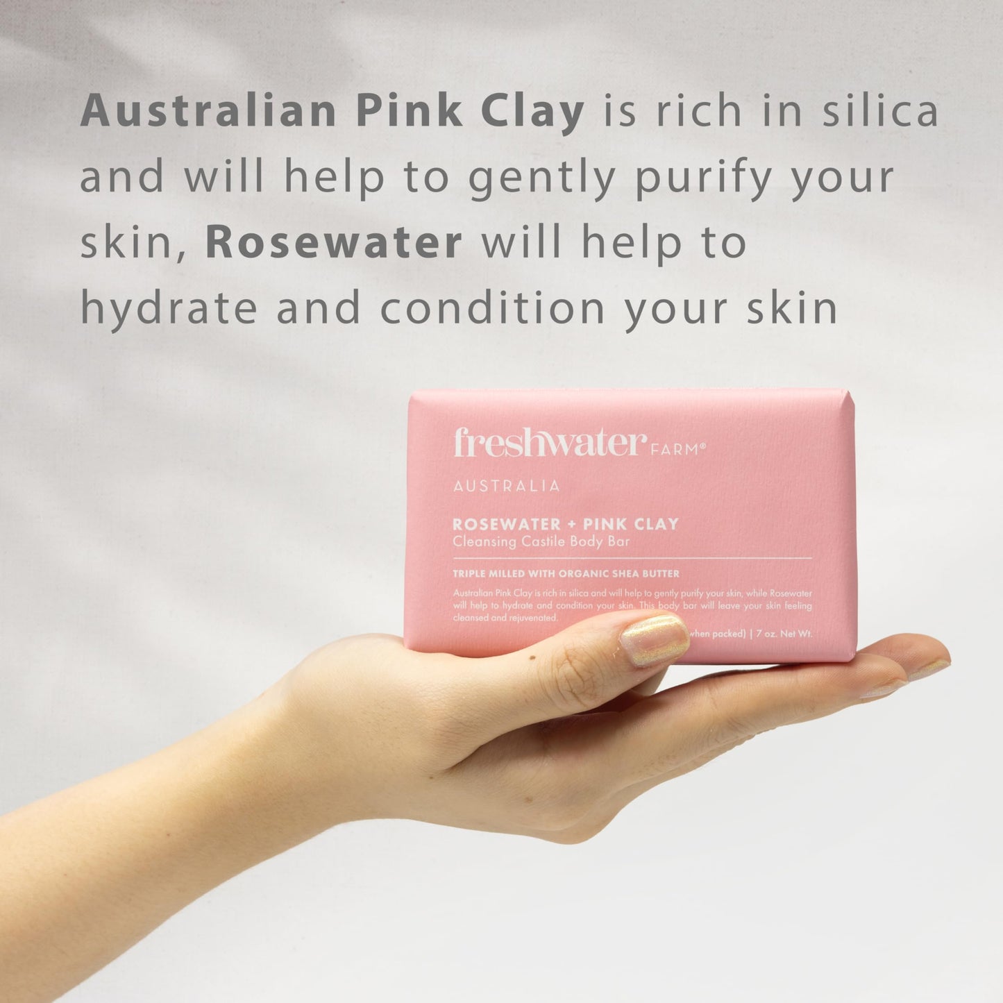 Freshwater Farm Australia Castile Natural Bar Soap | Rosewater + Pink Clay | Australian Made + Family Owned | Triple-Milled with Australian Pink Clay | Recyclable Paper Wrap | 7 oz x 3 pack