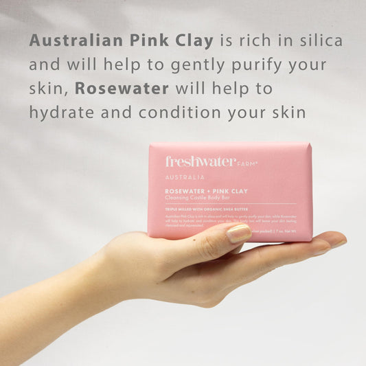 Freshwater Farm Australia Castile Natural Bar Soap | Rosewater + Pink Clay | Australian Made + Family Owned | Triple-Milled with Australian Pink Clay | Recyclable Paper Wrap | 7 oz x 3 pack